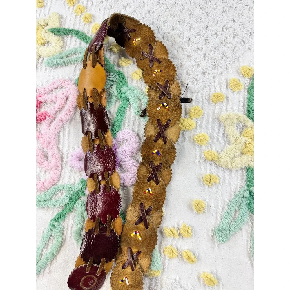 Vintage Leather Scalloped Disc Belt Made in Canada Boho Beaded Tie Closure Brown
